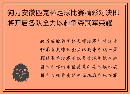 狗万安徽匹克杯足球比赛精彩对决即将开启各队全力以赴争夺冠军荣耀