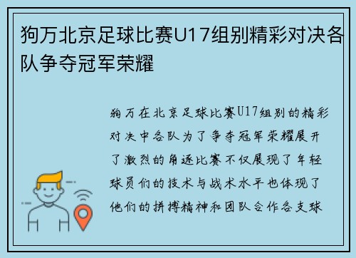 狗万北京足球比赛U17组别精彩对决各队争夺冠军荣耀