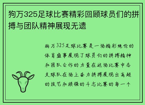 狗万325足球比赛精彩回顾球员们的拼搏与团队精神展现无遗