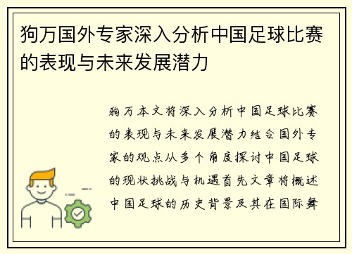 狗万国外专家深入分析中国足球比赛的表现与未来发展潜力