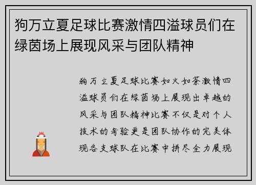 狗万立夏足球比赛激情四溢球员们在绿茵场上展现风采与团队精神