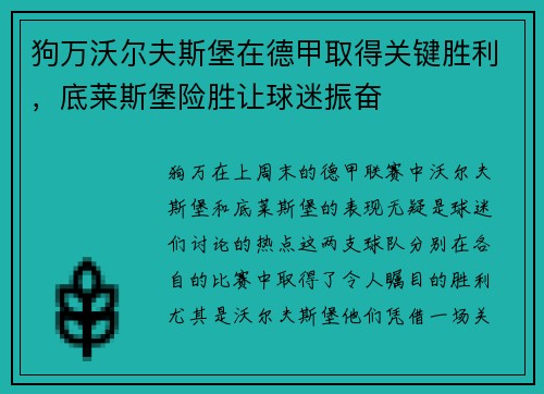 狗万沃尔夫斯堡在德甲取得关键胜利，底莱斯堡险胜让球迷振奋