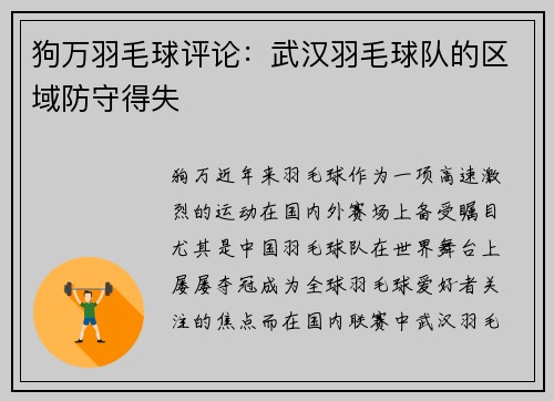 狗万羽毛球评论：武汉羽毛球队的区域防守得失