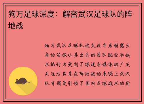 狗万足球深度：解密武汉足球队的阵地战