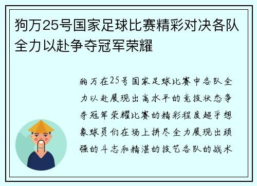 狗万25号国家足球比赛精彩对决各队全力以赴争夺冠军荣耀