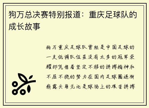 狗万总决赛特别报道：重庆足球队的成长故事