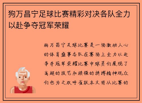 狗万昌宁足球比赛精彩对决各队全力以赴争夺冠军荣耀