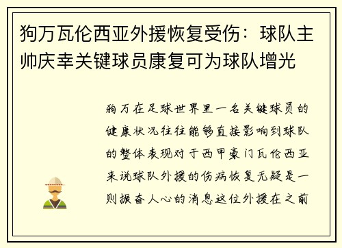 狗万瓦伦西亚外援恢复受伤：球队主帅庆幸关键球员康复可为球队增光