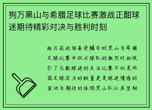 狗万黑山与希腊足球比赛激战正酣球迷期待精彩对决与胜利时刻